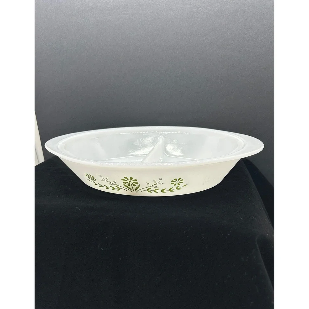 Glasbake J2352 Milk Glass Divided Serving Dish Green Floral Vine Oval Vintage